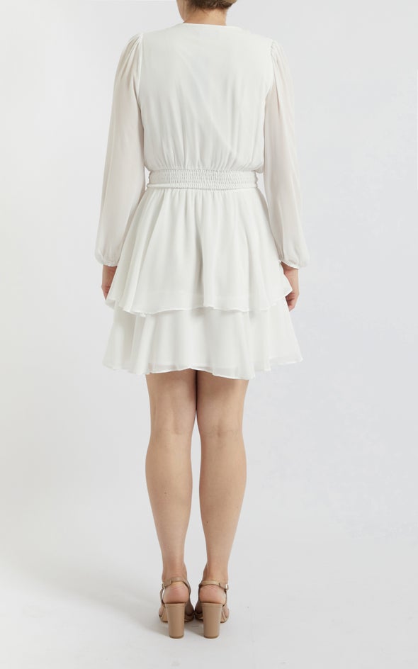Chiffon Shirred Waist LS Dress Cream