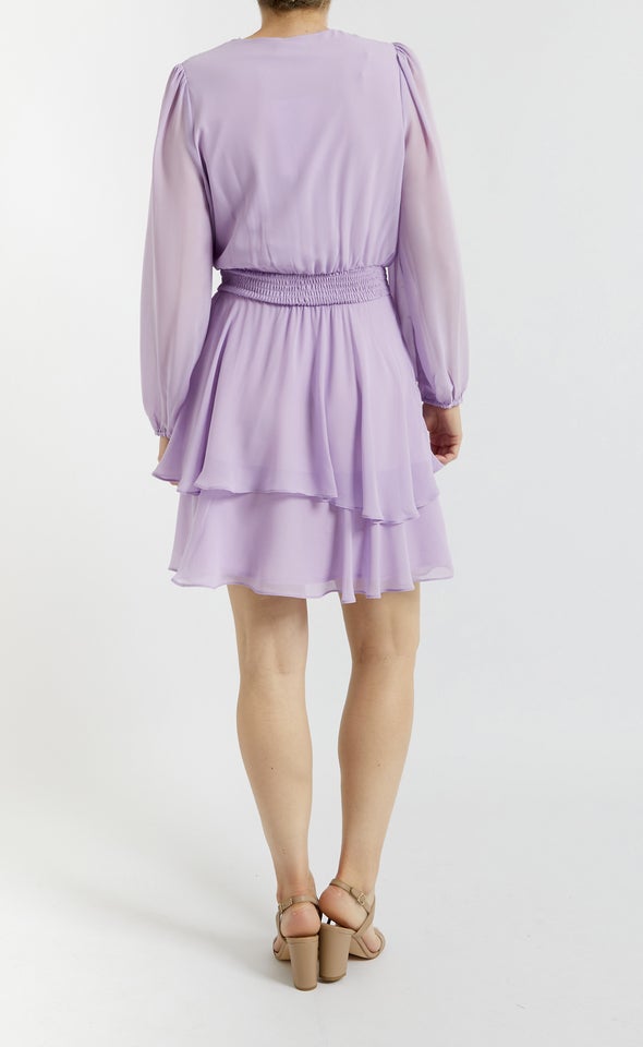 Chiffon Shirred Waist LS Dress Lilac