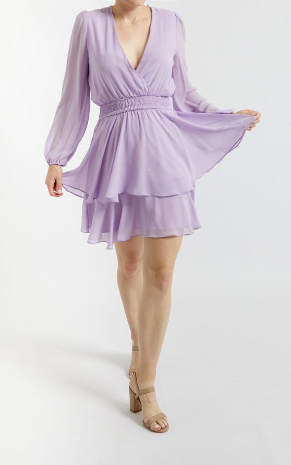 Chiffon Shirred Waist LS Dress Lilac