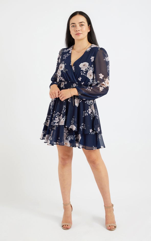 Chiffon Shirred Waist LS Dress Navy/floral