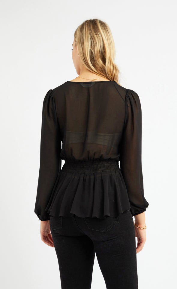 Chiffon Shirred Waist LS Top Black