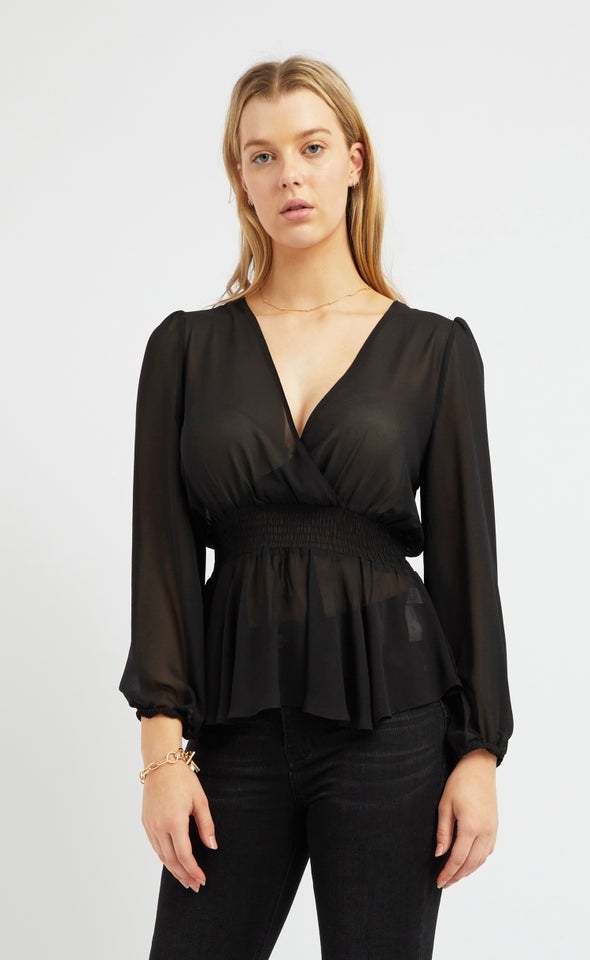 Chiffon Shirred Waist LS Top Black
