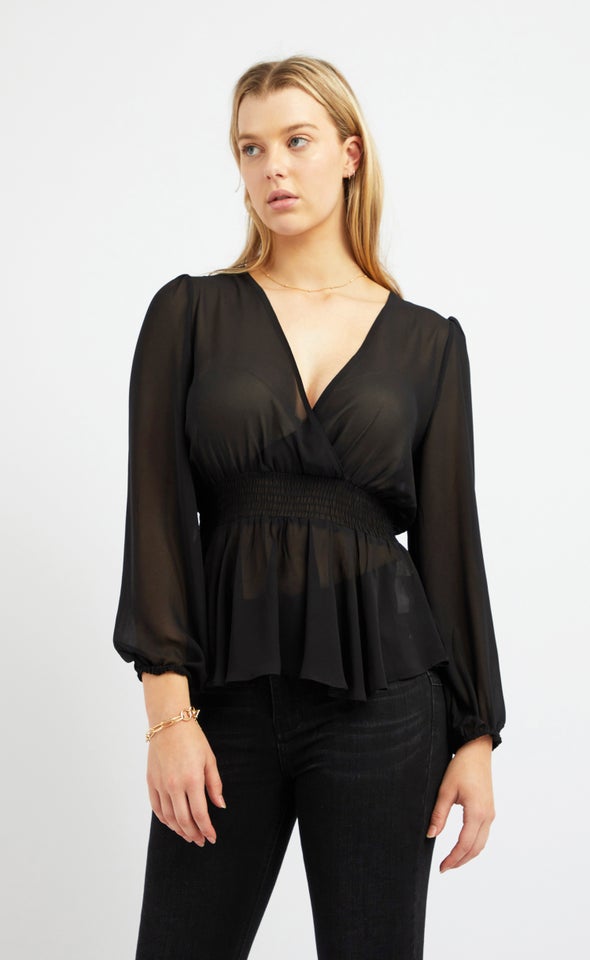 Chiffon Shirred Waist LS Top Black