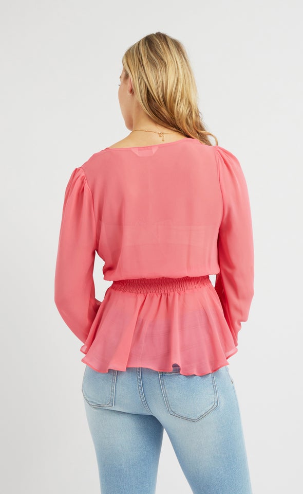 Chiffon Shirred Waist LS Top Pink