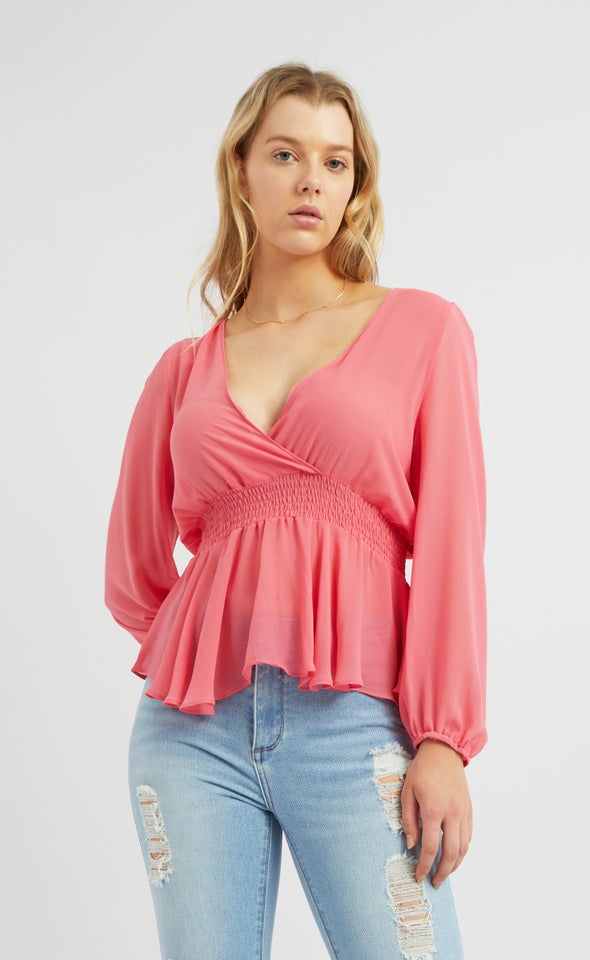 Chiffon Shirred Waist LS Top Pink