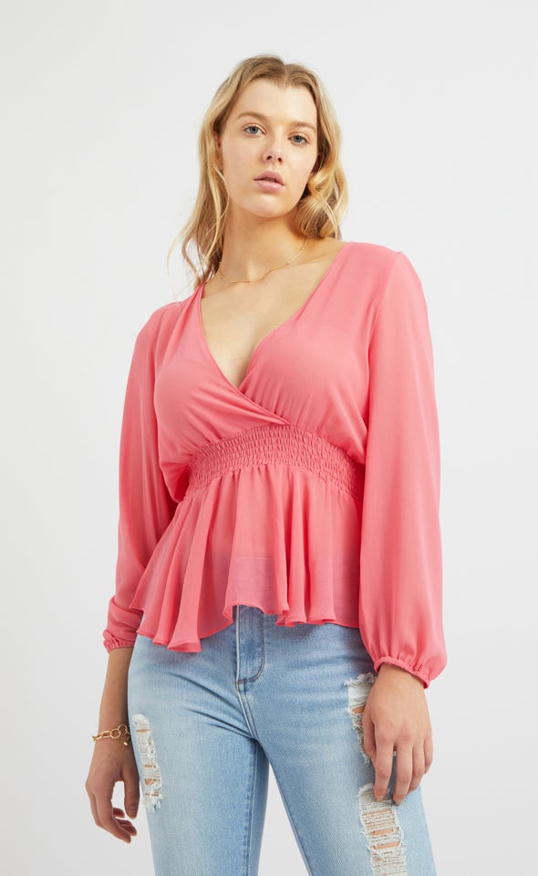 Chiffon Shirred Waist LS Top Pink