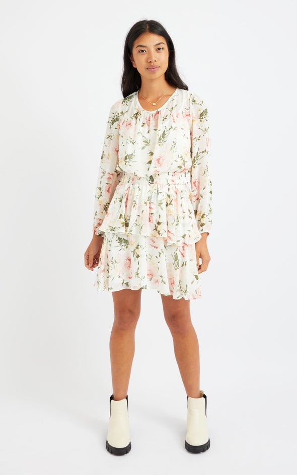 Chiffon Shirred Waist Skater Dress Cream/floral