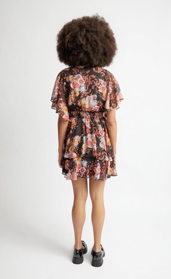 Chiffon Shirred Waist SS Dress Black/floral