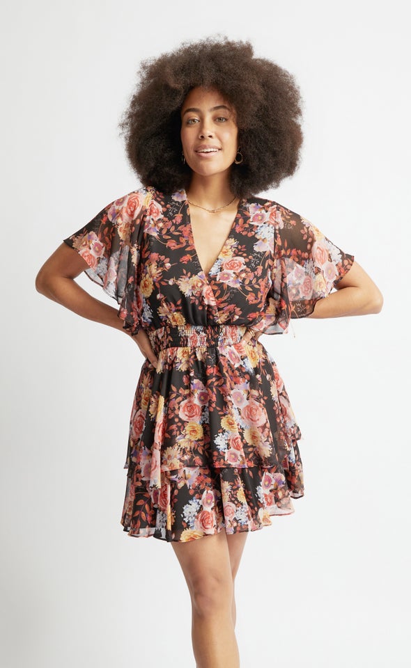 Chiffon Shirred Waist SS Dress Black/floral