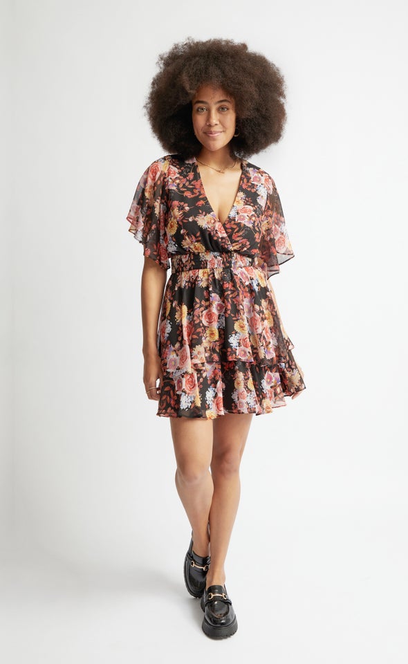 Chiffon Shirred Waist SS Dress Black/floral