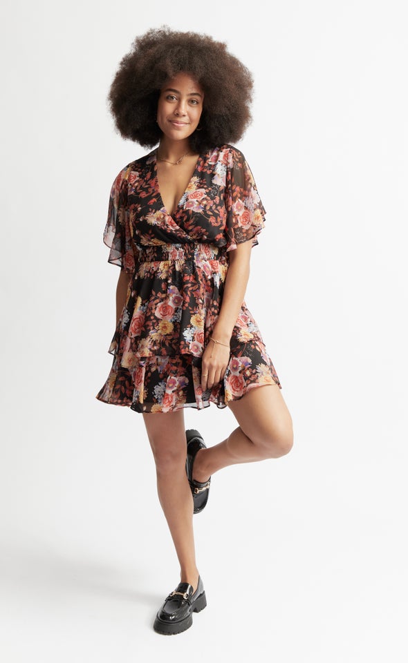 Chiffon Shirred Waist SS Dress Black/floral