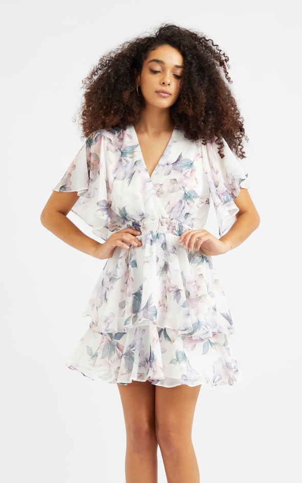 Chiffon Shirred Waist SS Dress Cream/floral