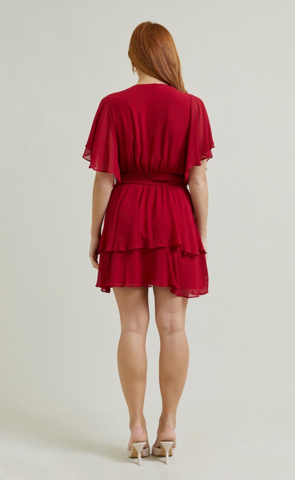 Chiffon Shirred Waist SS Dress Red Wine