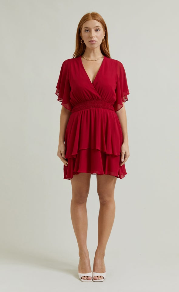 Chiffon Shirred Waist SS Dress Red Wine