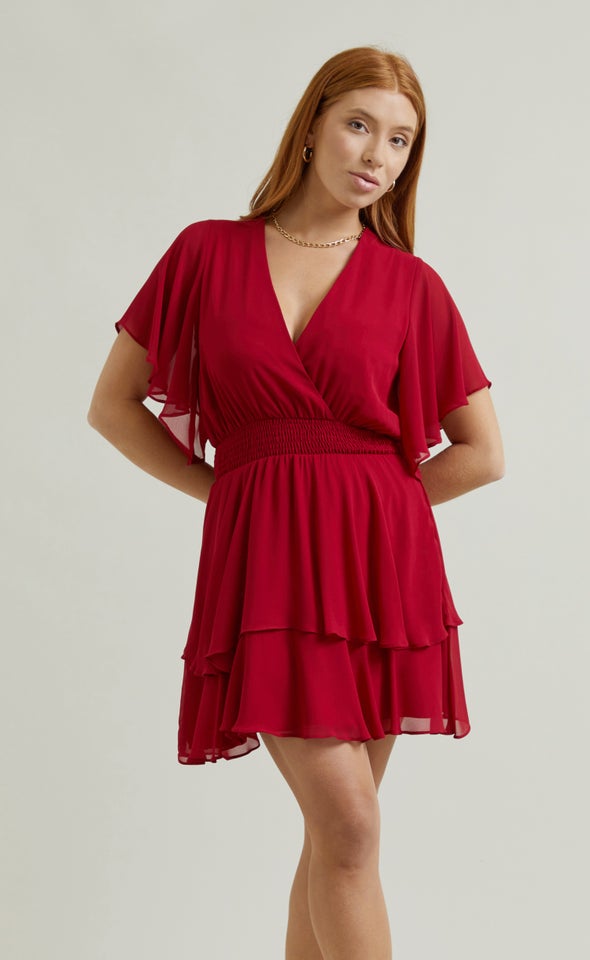 Chiffon Shirred Waist SS Dress Red Wine