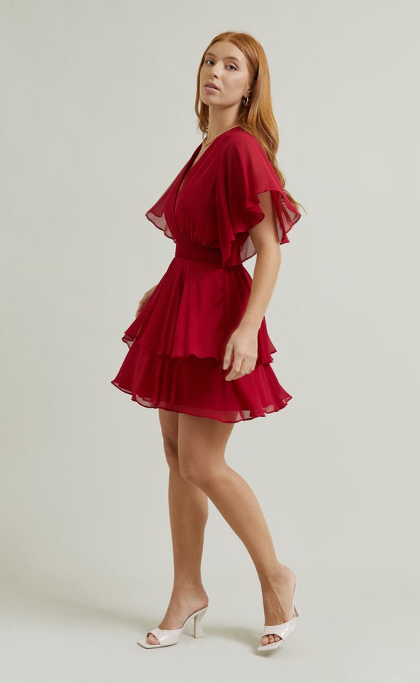 Chiffon Shirred Waist SS Dress Red Wine