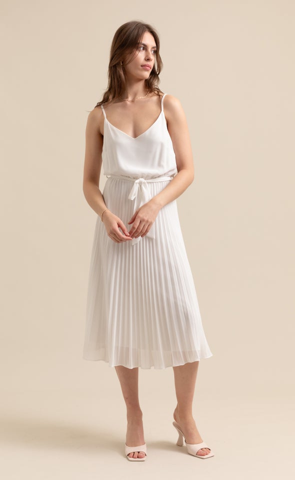 Chiffon Strappy Pleated Dress Cream