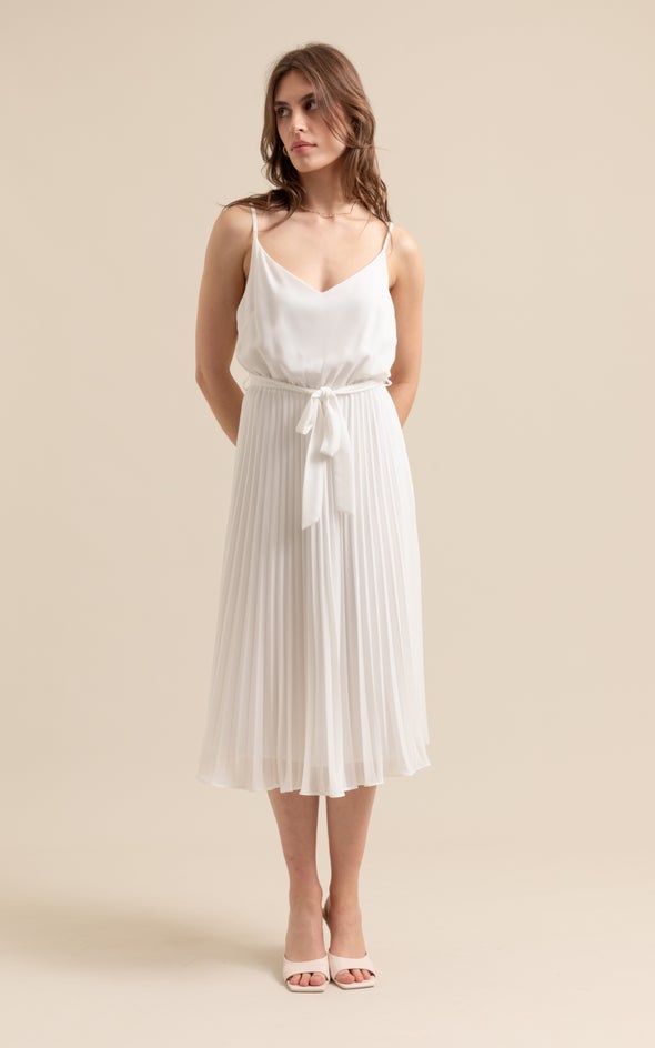 Chiffon Strappy Pleated Dress Cream
