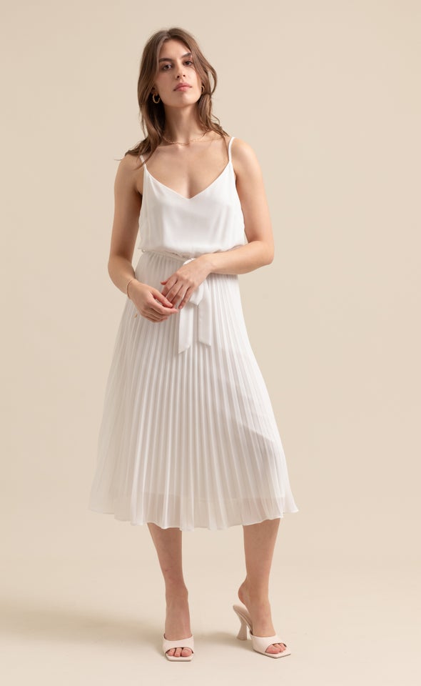 Chiffon Strappy Pleated Dress Cream