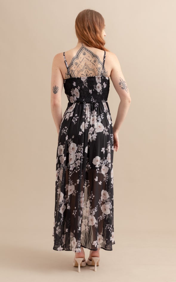 Chiffon Sweetheart Fishtail Dress Black/floral