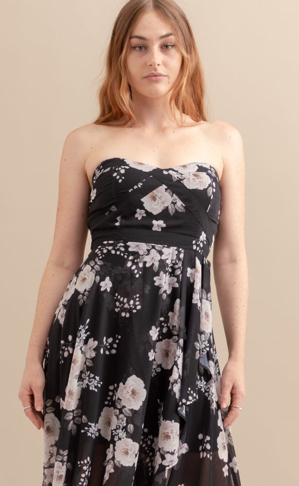 Chiffon Sweetheart Fishtail Dress Black/floral
