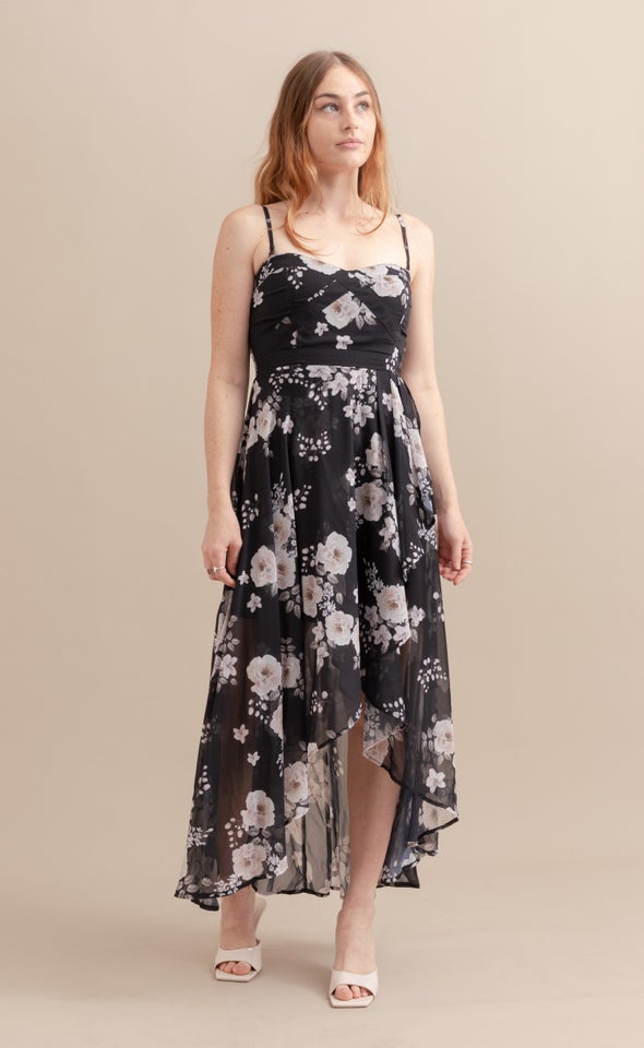 Chiffon Sweetheart Fishtail Dress Black/floral