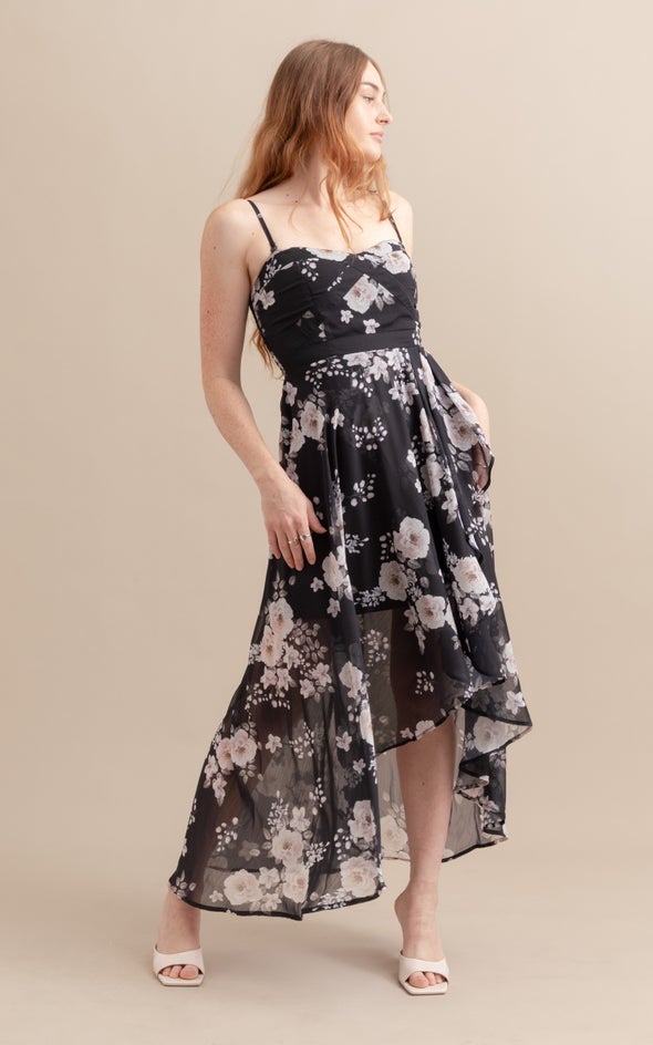 Chiffon Sweetheart Fishtail Dress Black/floral