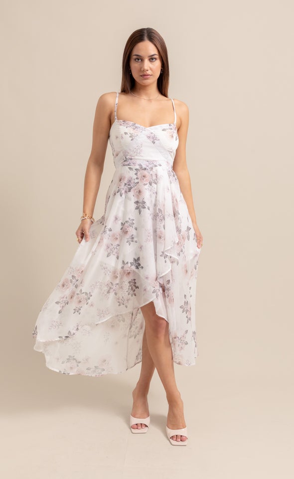 Chiffon Sweetheart Fishtail Dress Cream/floral