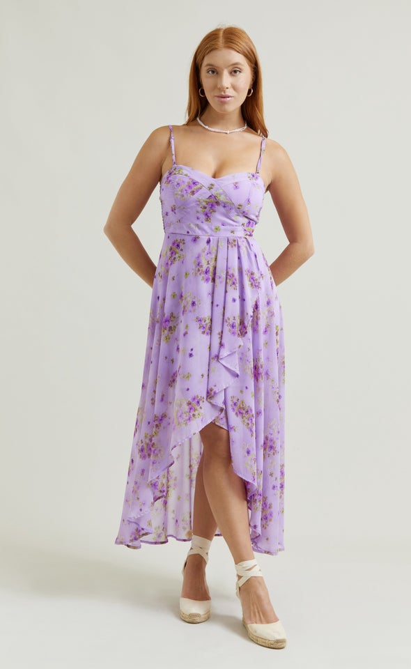 Chiffon Sweetheart Fishtail Dress Purple/floral