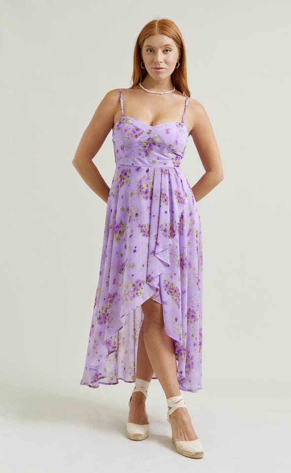 Chiffon Sweetheart Fishtail Dress Purple/floral