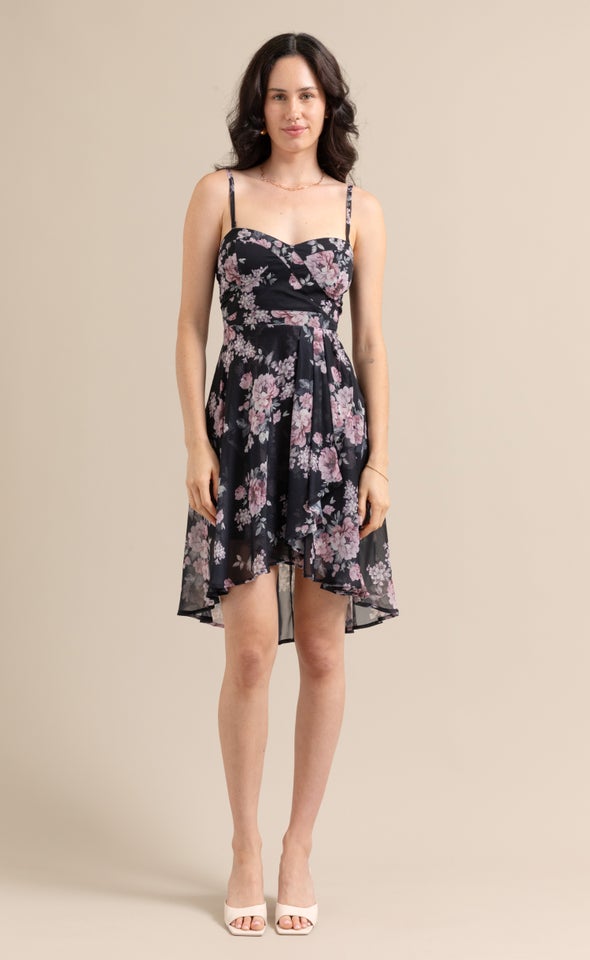 Chiffon Sweetheart Hi Low Dress Black/floral