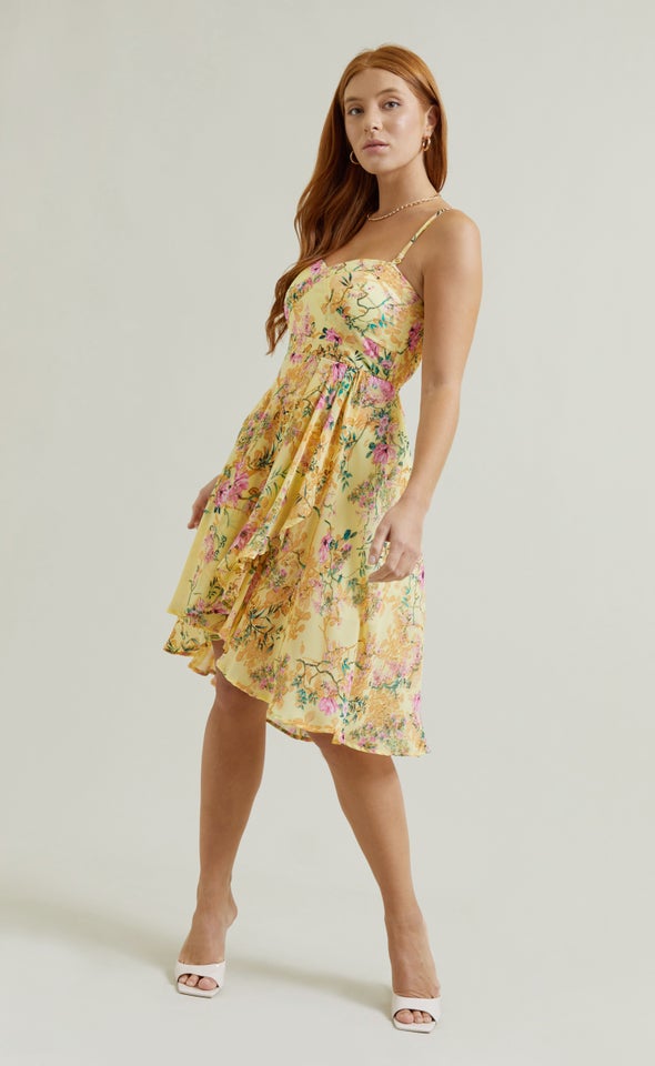 Chiffon Sweetheart Hi Low Dress Yellow/floral