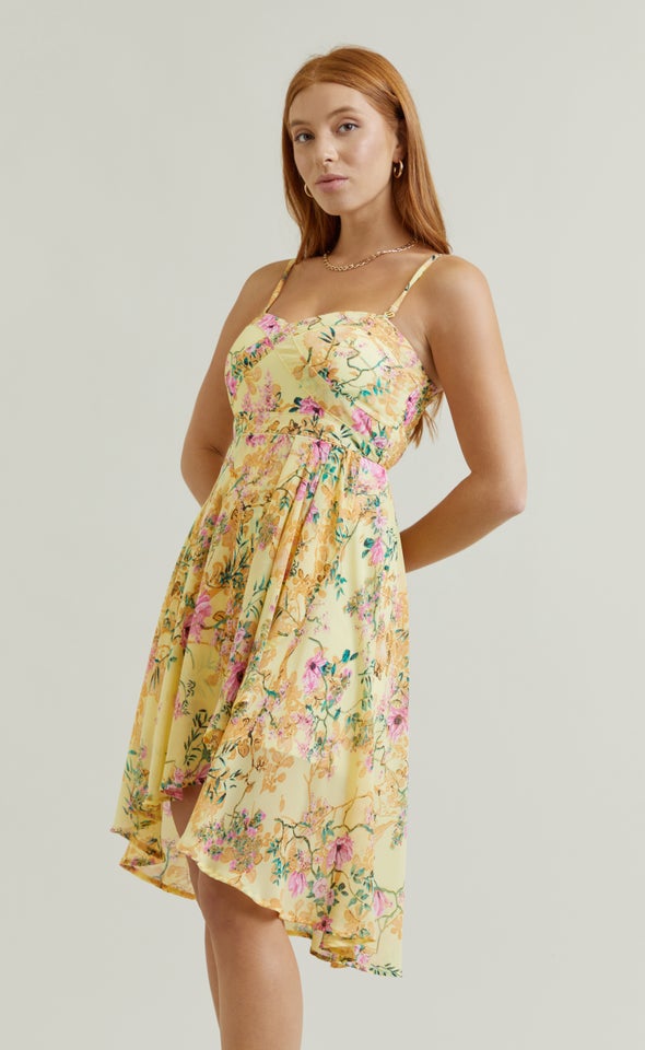 Chiffon Sweetheart Hi Low Dress Yellow/floral