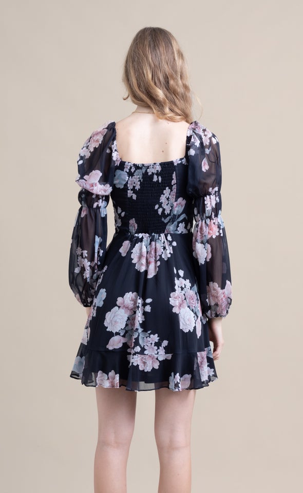 Chiffon Sweetheart LS Dress Black/blush