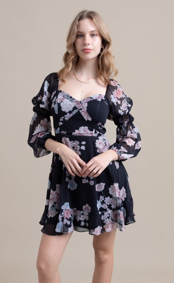 Chiffon Sweetheart LS Dress Black/blush