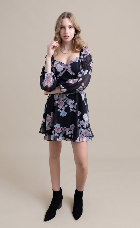 Chiffon Sweetheart LS Dress Black/blush