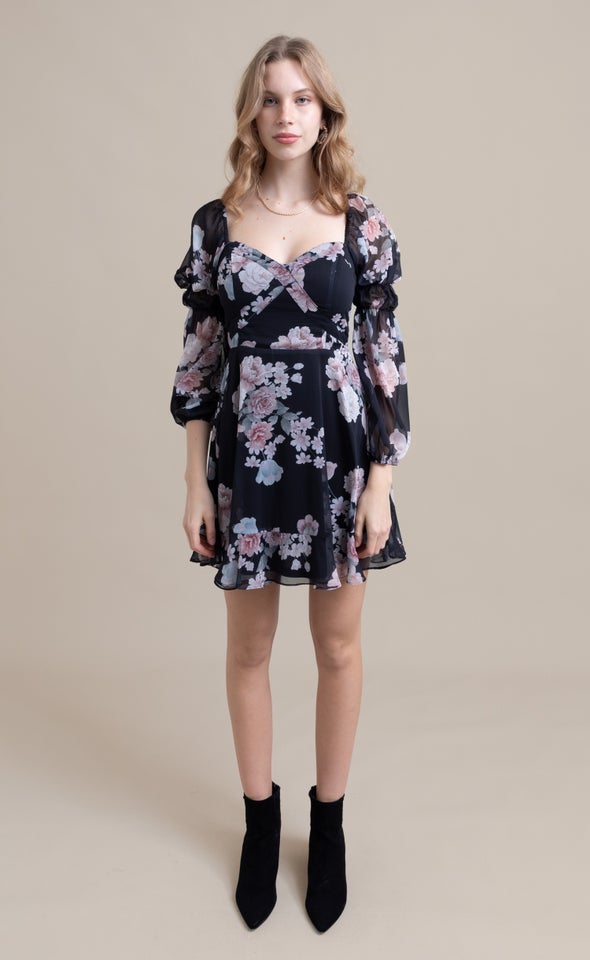 Chiffon Sweetheart LS Dress Black/blush