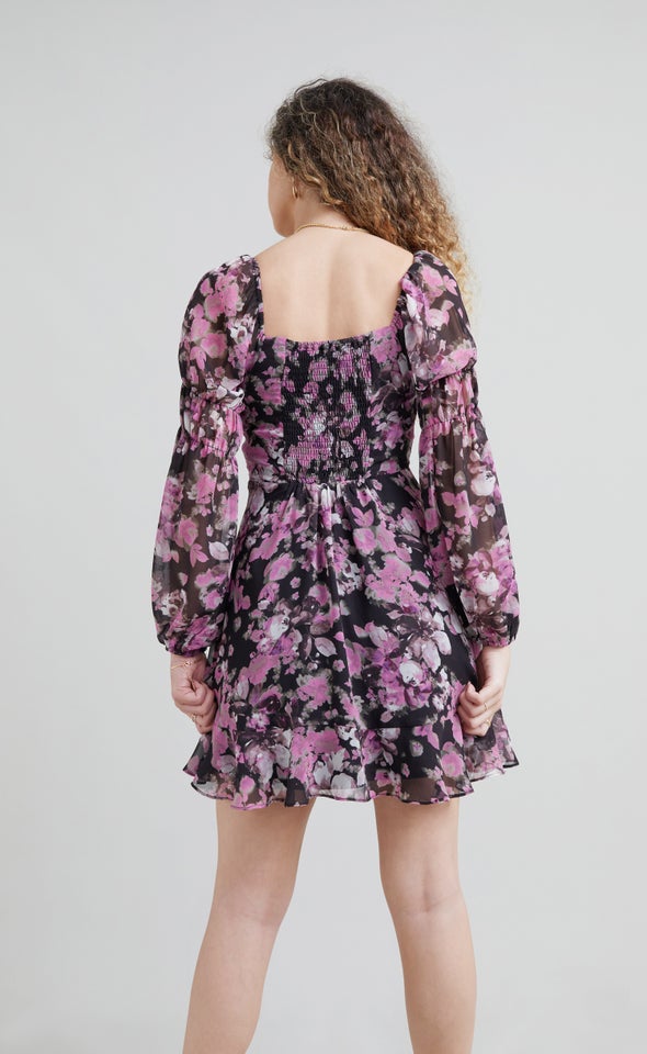 Chiffon Sweetheart LS Dress Black/magenta