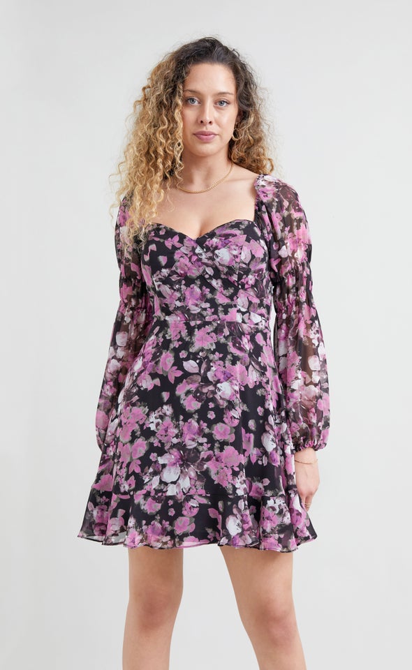 Chiffon Sweetheart LS Dress Black/magenta