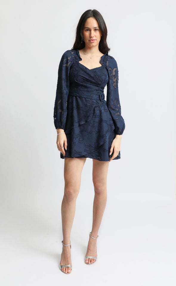 Chiffon Sweetheart LS Wrap Dress Navy
