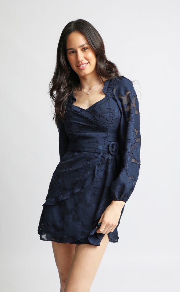 Chiffon Sweetheart LS Wrap Dress Navy