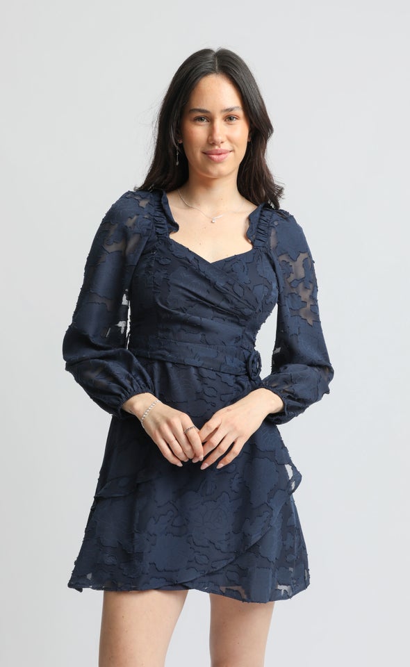 Chiffon Sweetheart LS Wrap Dress Navy