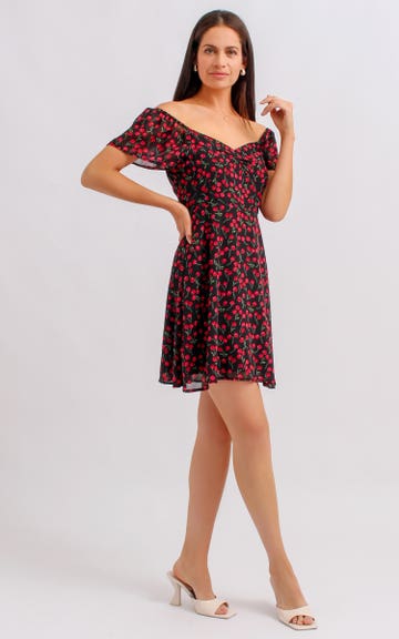 Shop our Chiffon Sweetheart Skater Dress in Black/cherry | Pagani