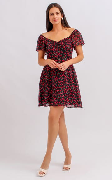 Shop our Chiffon Sweetheart Skater Dress in Black/cherry | Pagani