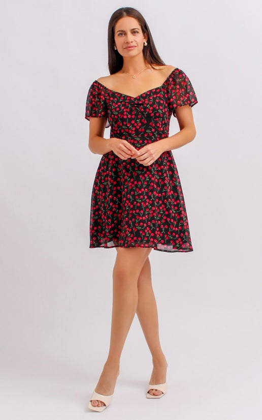 Shop our Chiffon Sweetheart Skater Dress in Black/cherry | Pagani