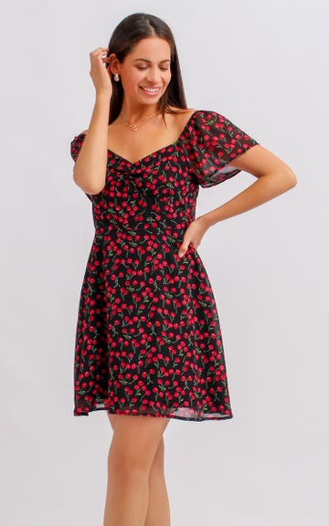 Shop our Chiffon Sweetheart Skater Dress in Black/cherry | Pagani