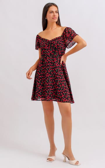 Shop our Chiffon Sweetheart Skater Dress in Black/cherry | Pagani