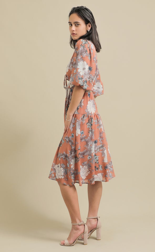 Chiffon Tie Front Midi Dress Clay/floral
