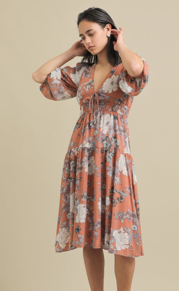 Chiffon Tie Front Midi Dress Clay/floral