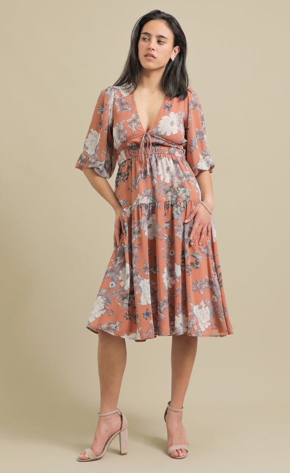 Chiffon Tie Front Midi Dress Clay/floral